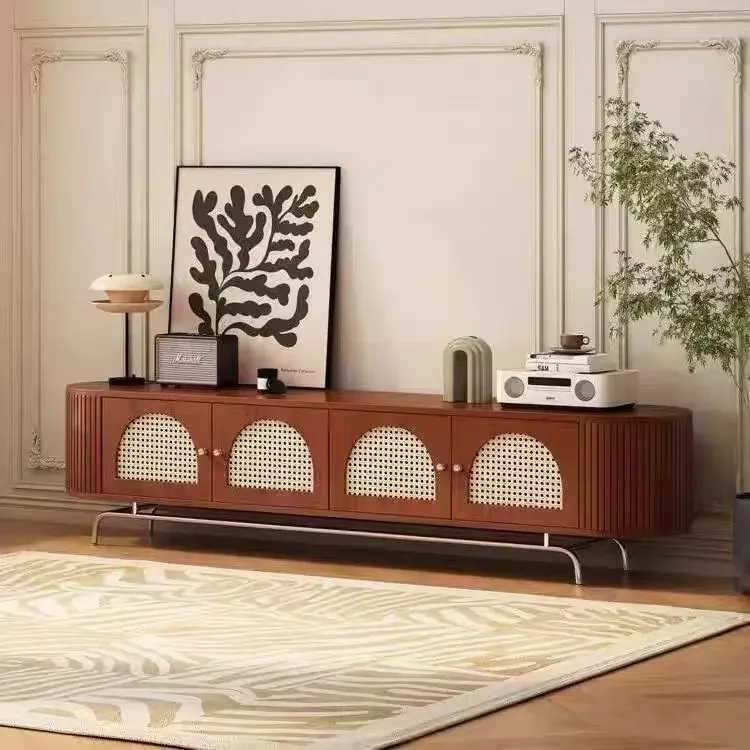 H1 solid wood rattan coffee table TV cabinet retro small apartment living room combination TV floor-to-ceiling household floor