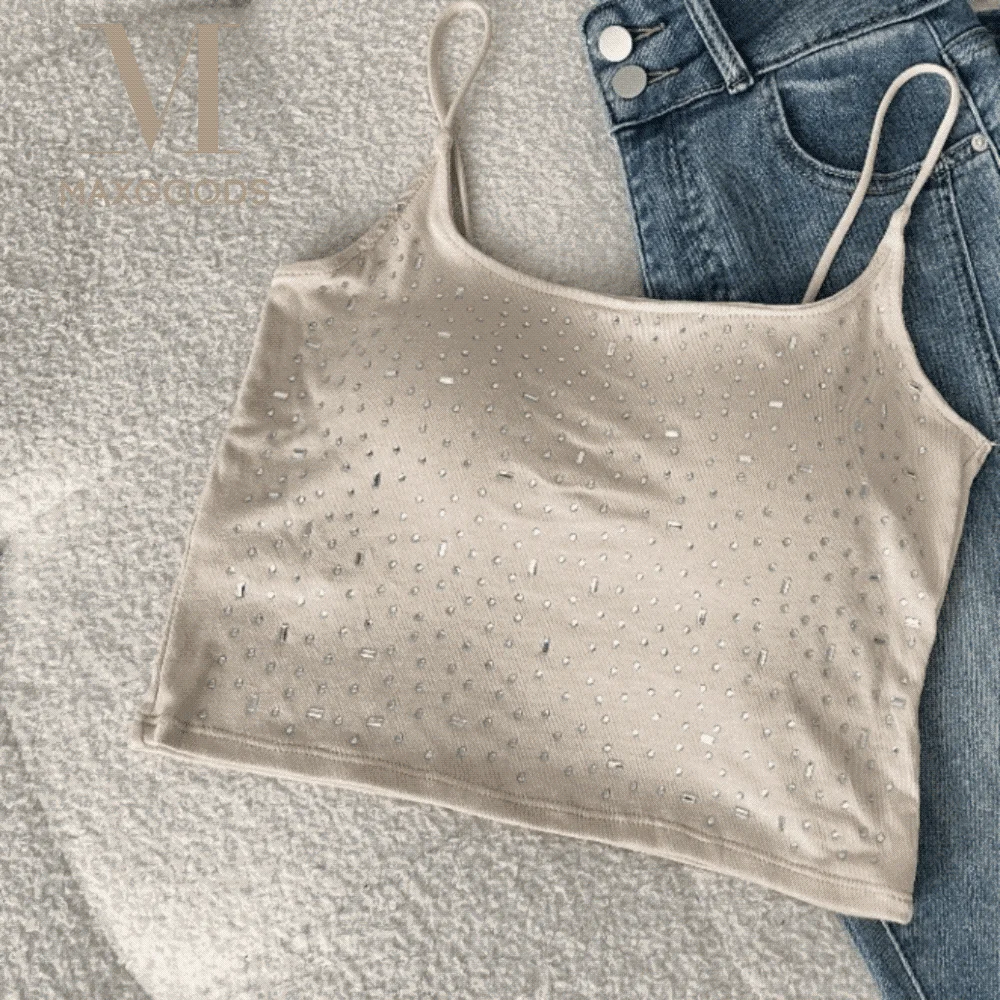 Creative Cotton Diamond Embedded Vest Solid Color Padded Cups Crop Top Body-Shaping Backless Style Sequin Camisole Party Wear