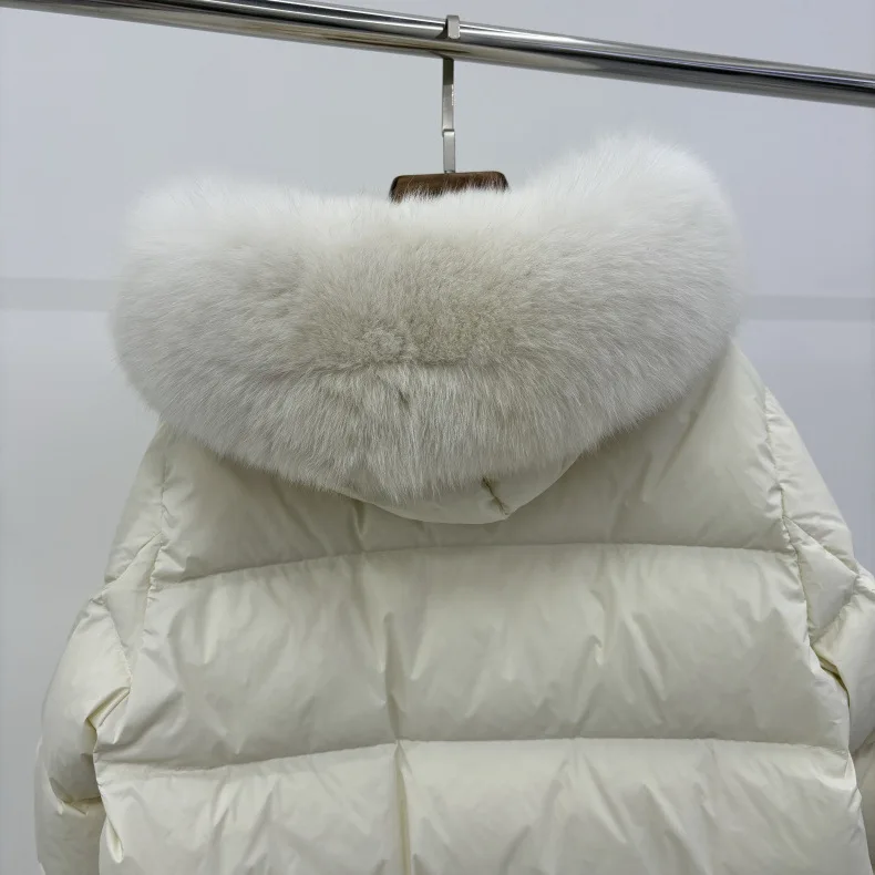 Schinteon Women 100% Real Fox Fur Collar White Duck Down Jacket with Hood Autumn Winter Warm Casual A-lined Warm Outwear Cape