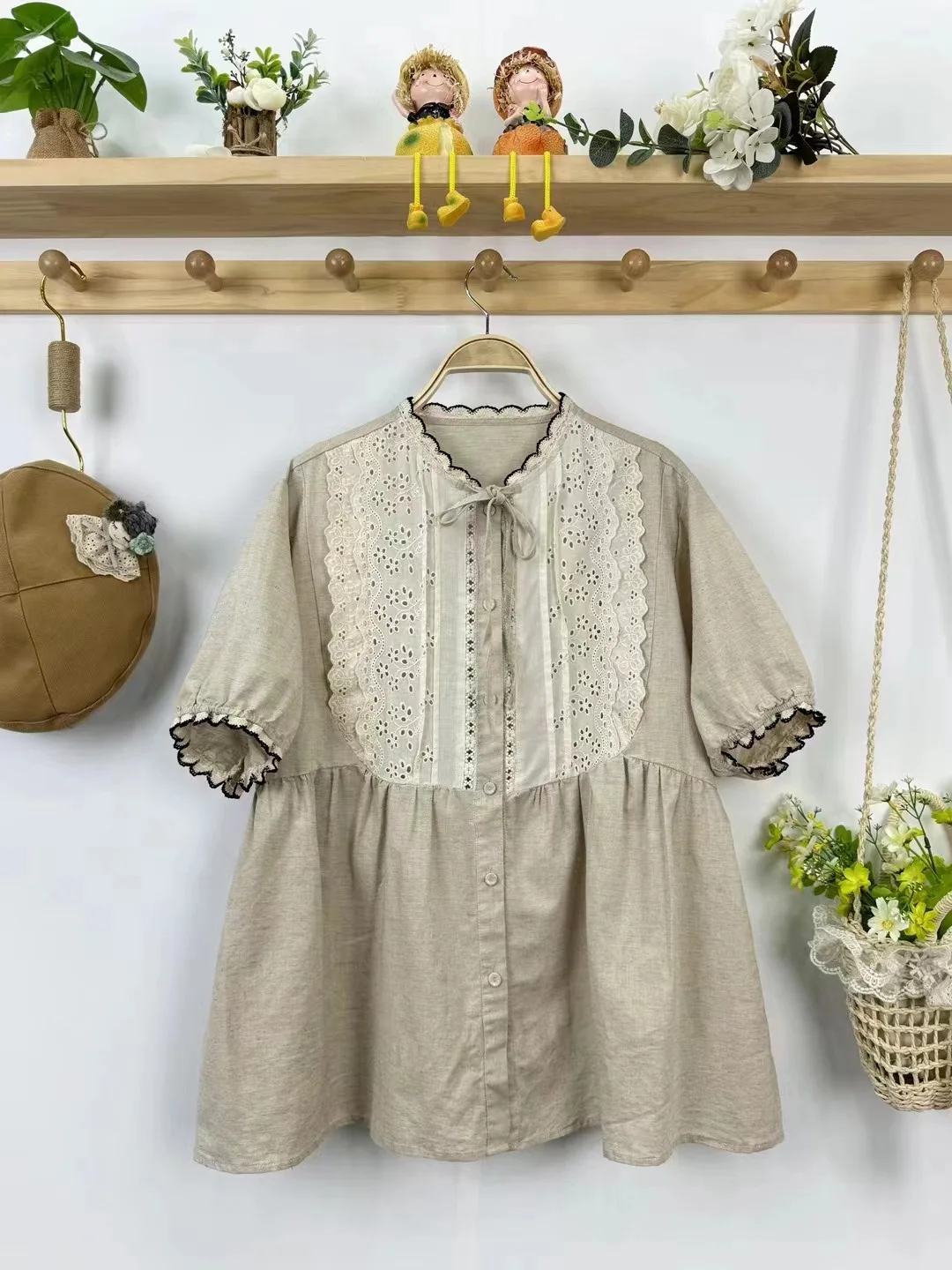 New Summer Cotton Linen Short Sleeve Shirt O Neck Tops Mori Girl Casual Loose Commute Sweet Lace Blouse 2024 Autumn T46706QC