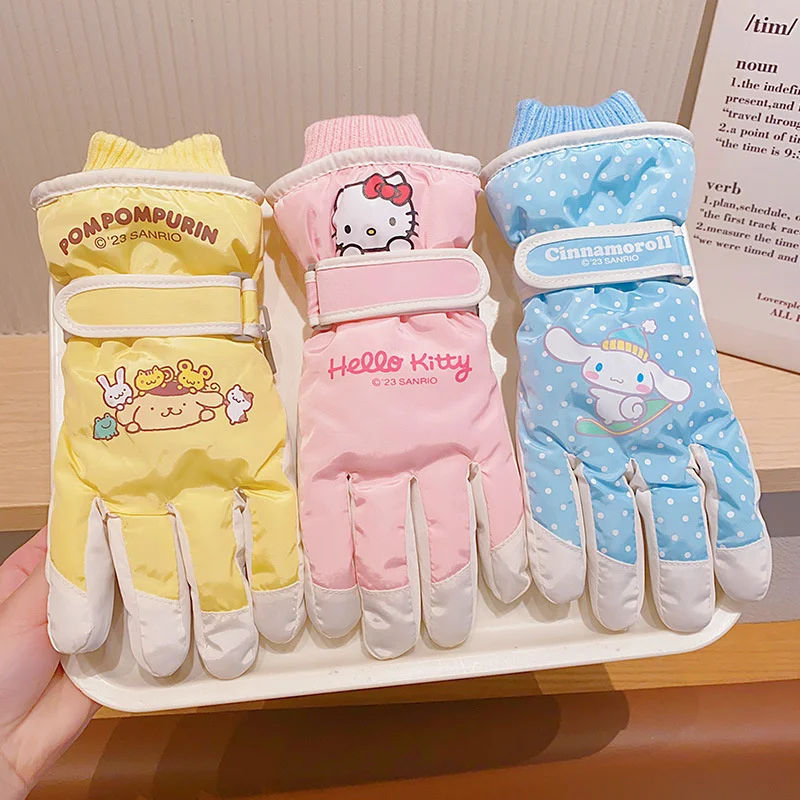 Sanrio Kuromi Melody Children Kids Ski Gloves Cinnamoroll Pochacco Waterproof Thicken Warm Adult Student Girl Five-finger Glove