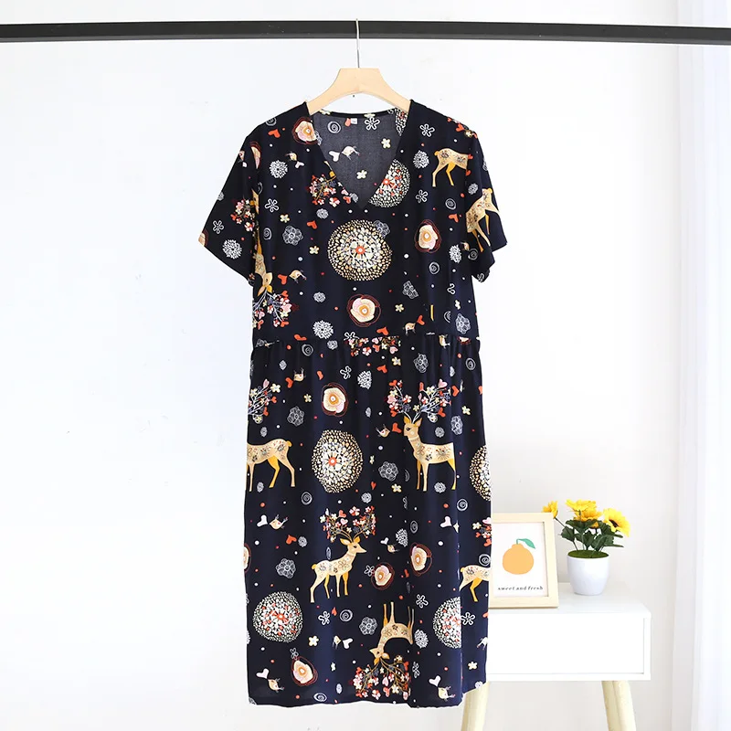 Verão novas senhoras com decote em v camisola 100% viscose manga curta casa vestido floral conforto tamanho grande vestido seção fina feminino