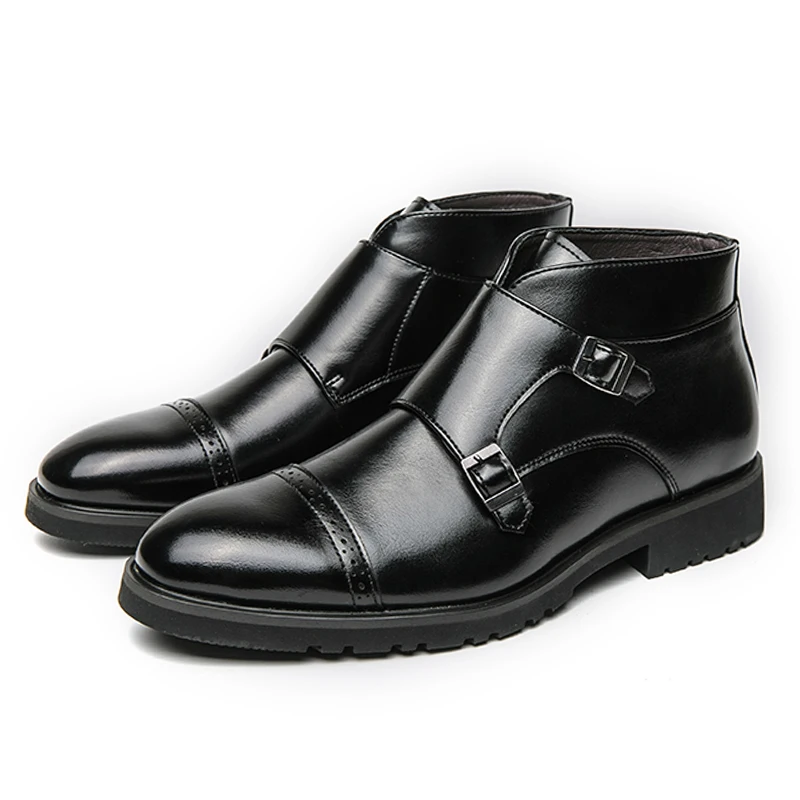 Luxury Leather Men Boots Double Buckle Slip on Pointed Toes Casual Leather Boots Men Comfortable High Top Boots Party Mes Shoes