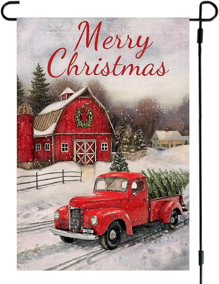 RABUSOFA Christmas Garden Flag 12x18 Inch Double Sided for Outside, Winter Vintage Red Truck Yard Flag Outdoor Seasonal Holiday