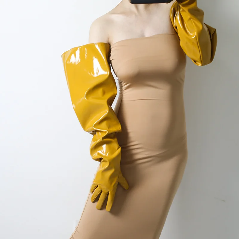 

Женские свободные желтые перчатки из искусственной овчины длиной 70 см с большим рукавом из искусственной кожи 28 дюймов, женский модный аксессуар WPU236