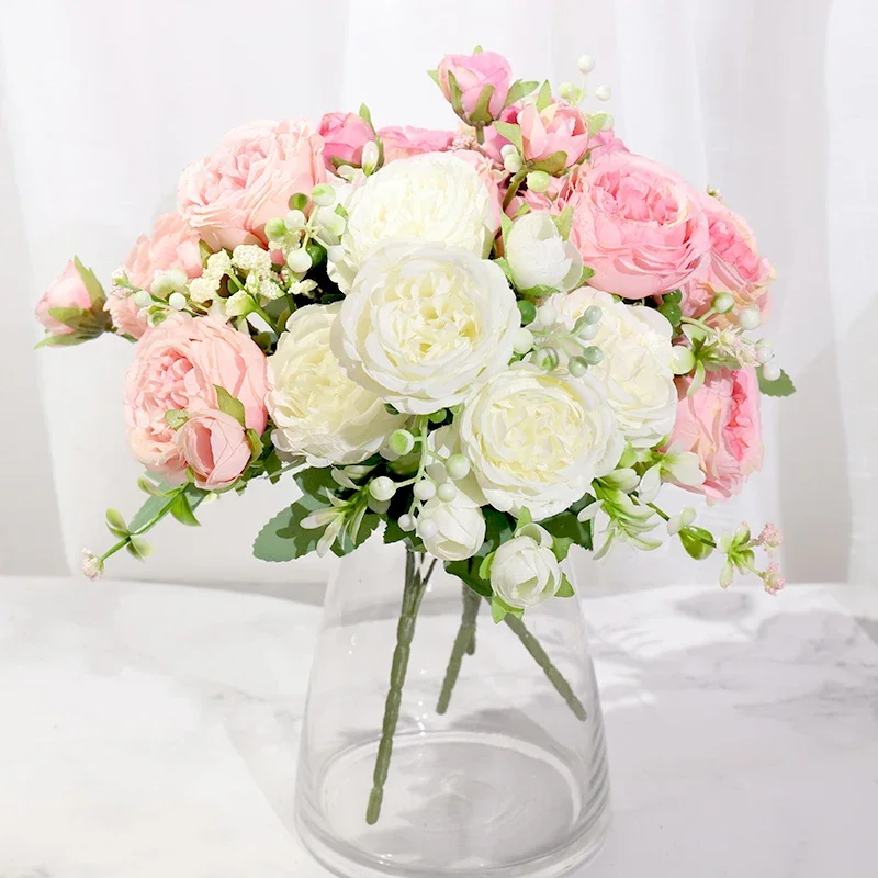 Pink Silk Peony Artificial Flowers High Quality Big Bouquet Wedding Home Decor Craft White Fake Flower