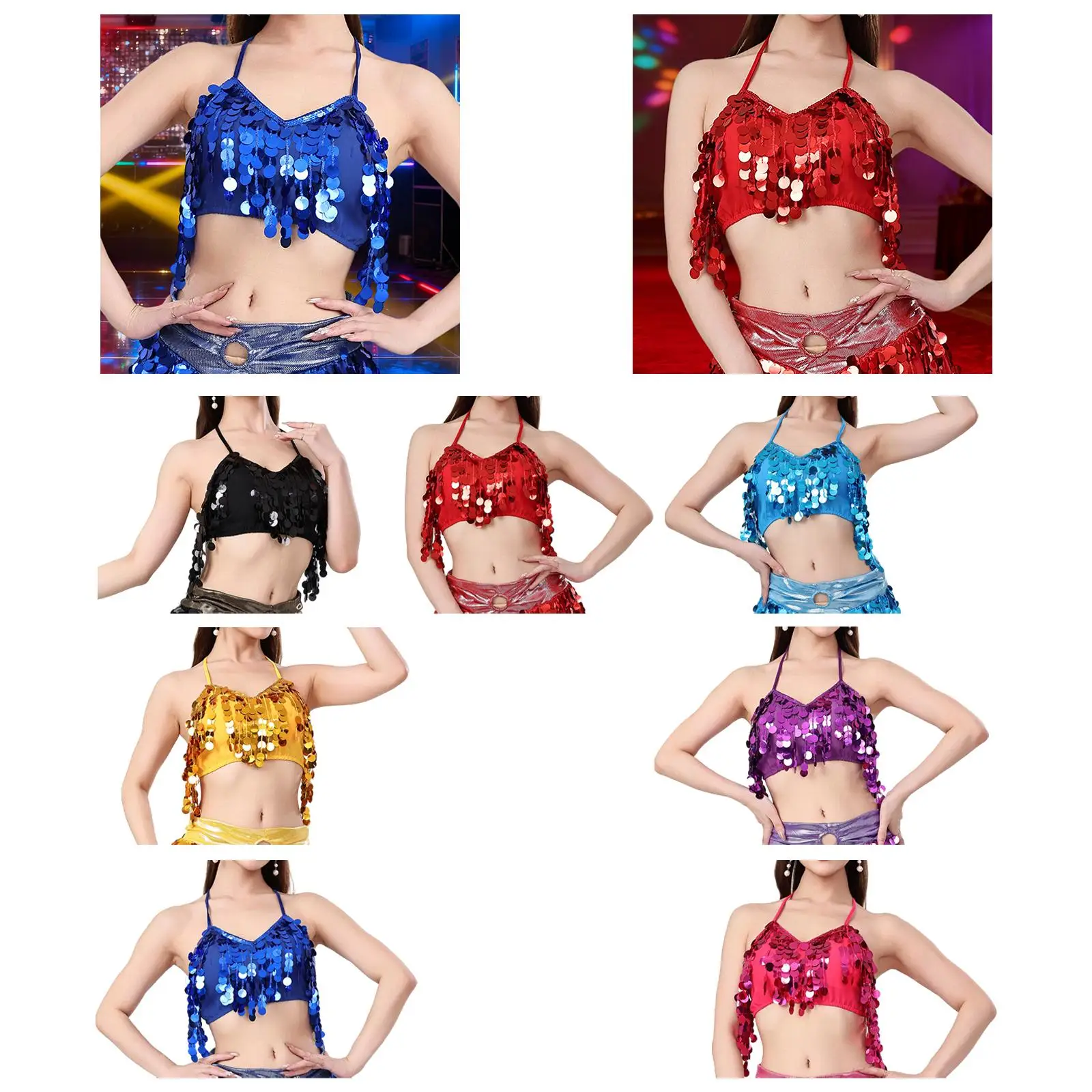 Belly Dance Crop Top Sequin Tassel Halter Camisole Adjustable Performance Costume for Belly Dancer Clubwear