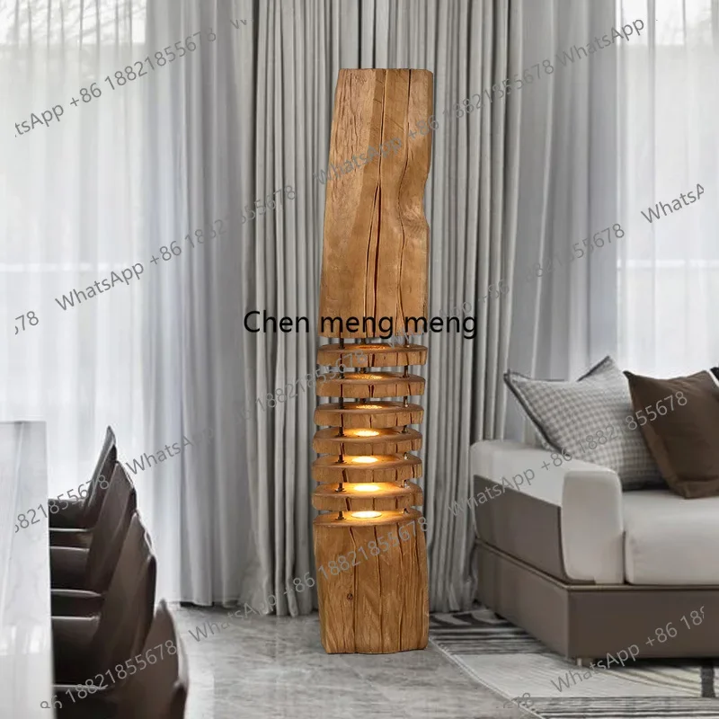 Modern Chinese Solid Wood Carving Floor Lamp Restaurant Hotel Art Deco Wooden Vertical Lamp