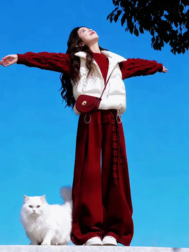 

Red Knitted Long Sve Casual Women's Tee-Piece Set High Waist Wide Leg Pants Cotton Vest Comfortable Breathable Faion