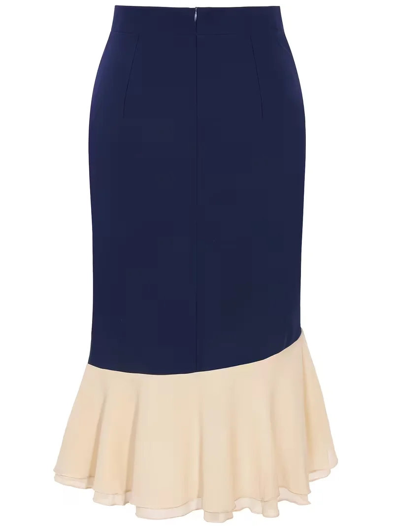 Damen Sexy Marineblauer Elastischer Eleganter Hochtaillierter Meerjungfrauen-Bodycon-Rock Sommer Arbeit Party Knielanger Bodycon-Rock – Detail 6