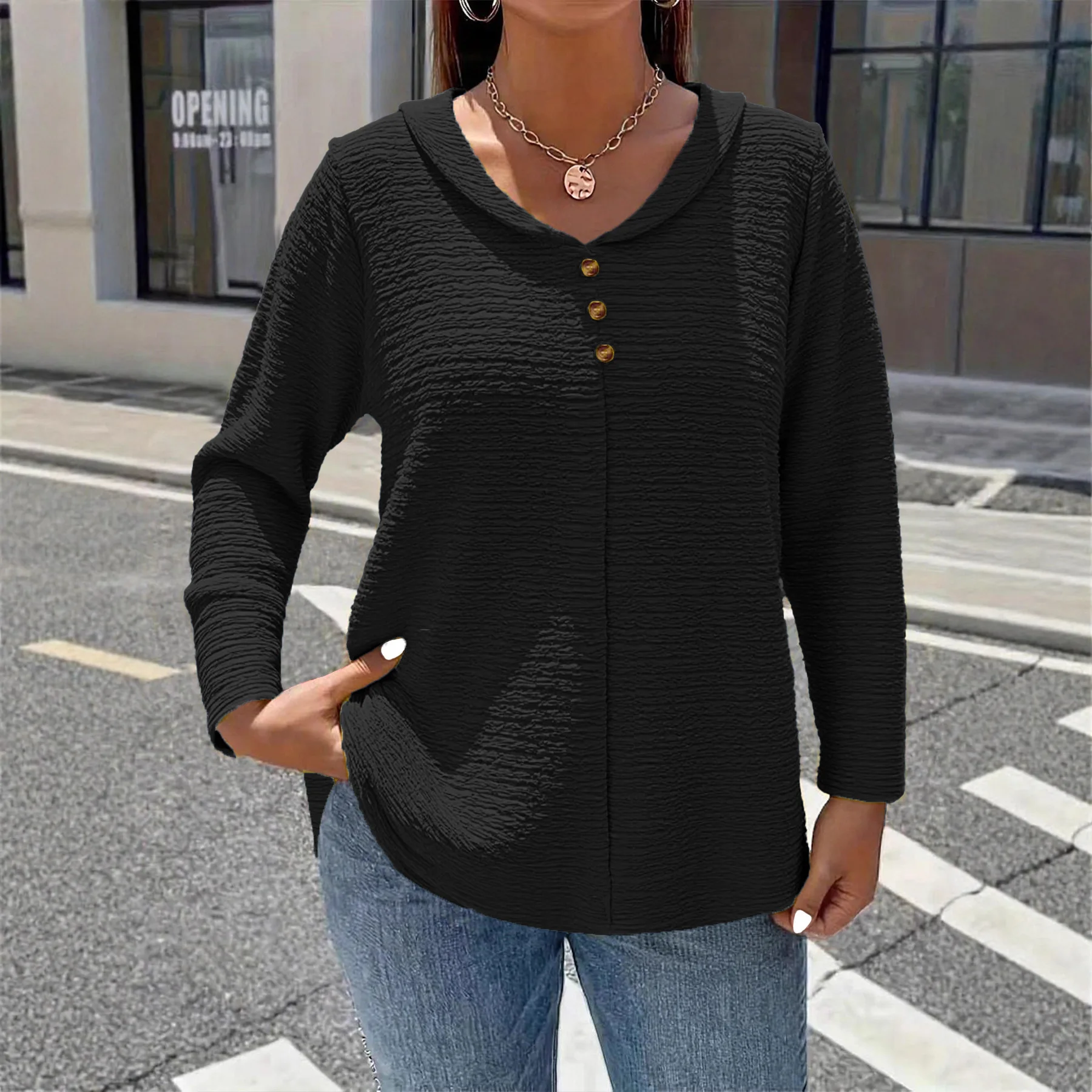 حجم كبير المرأة بلون زر متابعة طويلة الأكمام أنيقة عادية لصق تي شيرت موضة الخريف الملابس المتضخم 2025 جديد #4