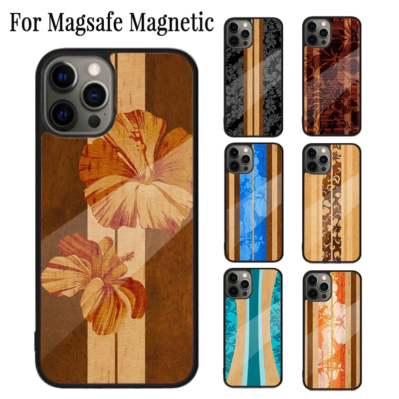 Hawaiian Faux Wood Surfboard Magnetic Phone Case Coque For iPhone 16 15 14 Plus 13 12 11 Pro Max Magsafe Wireless Charging Cover