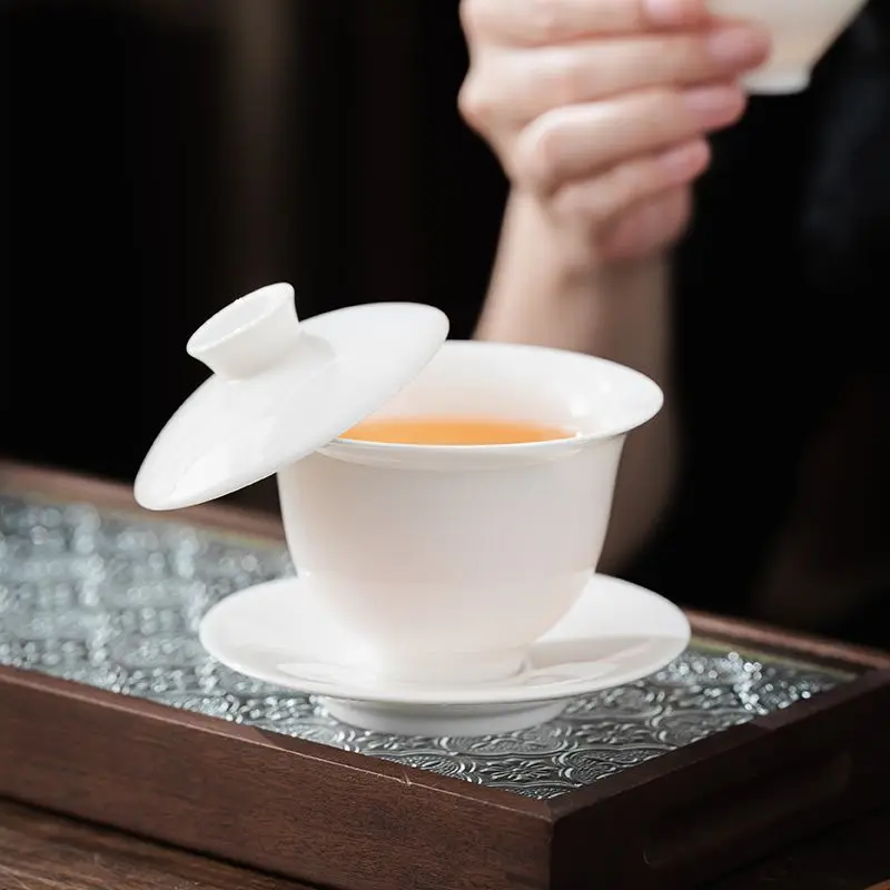 

Янчжи нефритовый белый фарфор, трехзубная крытая чаша, высококачественный чайный сервиз кунг-фу, чаша для заваривания чая, белый фарфор Dehua