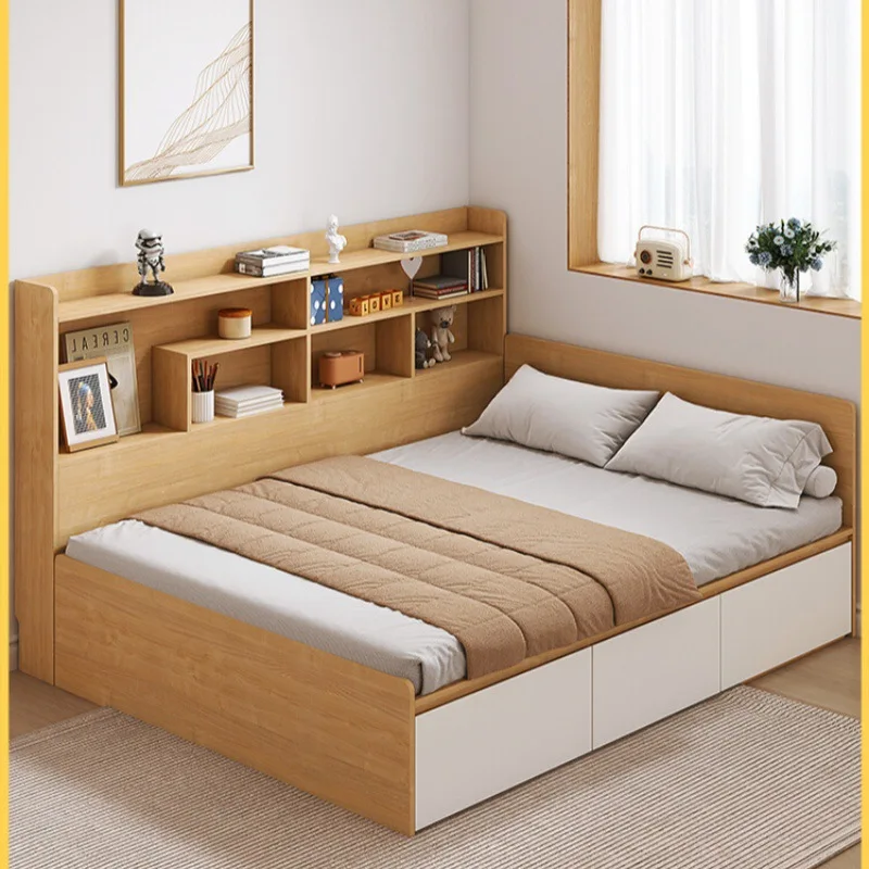 Small bedroom multi-functional storage bed with drawer side cabinet, soft bag bed screen simple plate tatami bed