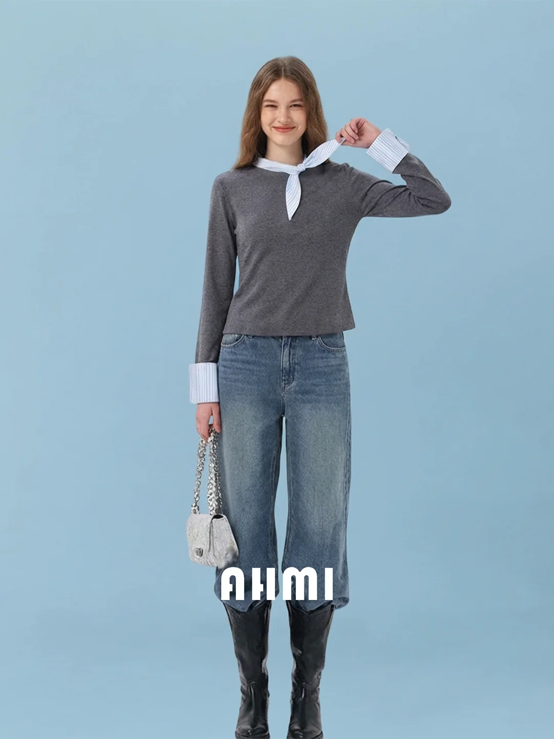 

Футболка AHMI Color Blo с длинным рукавом и бантом, облегающая, имитация двухслойности, универсальный базовый топ для весны и осени для женщин