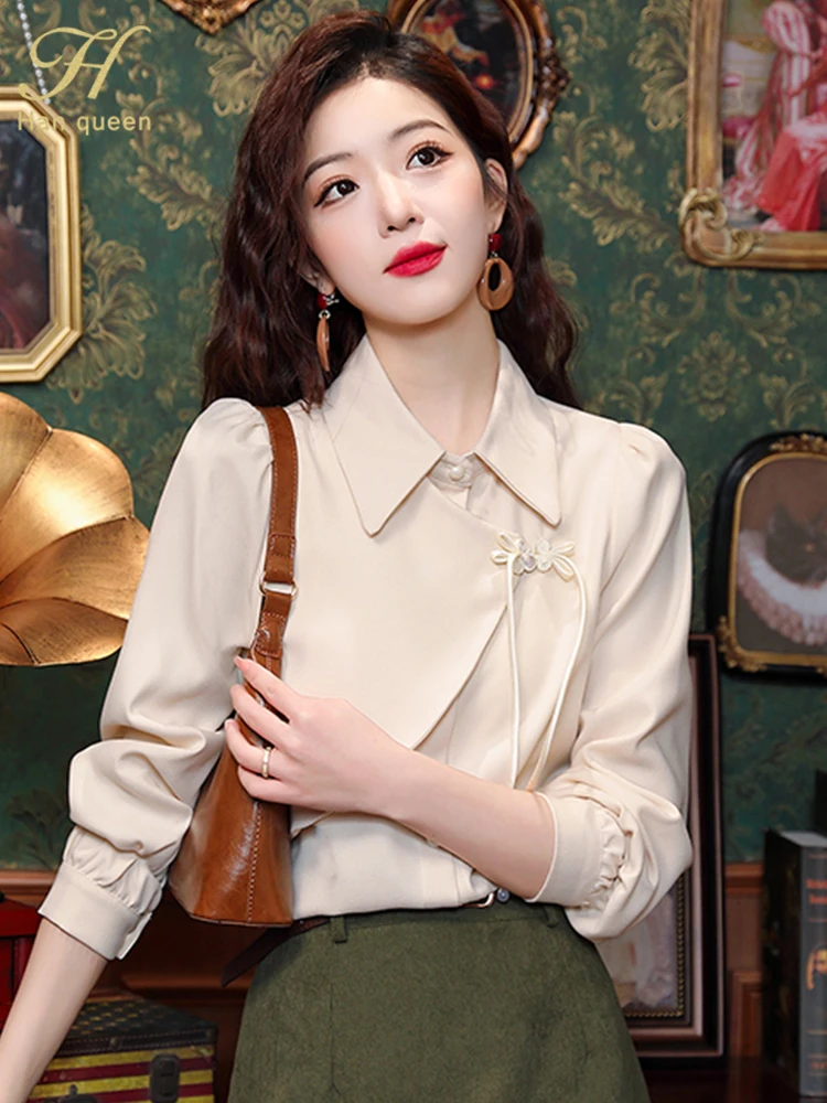 H Han Queen Spring Autumn Turn-Down Collar Vintage Long Sleeve Tops Elegant Blouses Loose Chiffon Casual Shirts Women Clothes