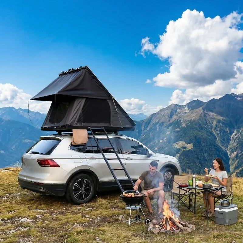 Roof tent for 4 people Hard shell with ladder Double-layer straight support four-season waterproof canvas
