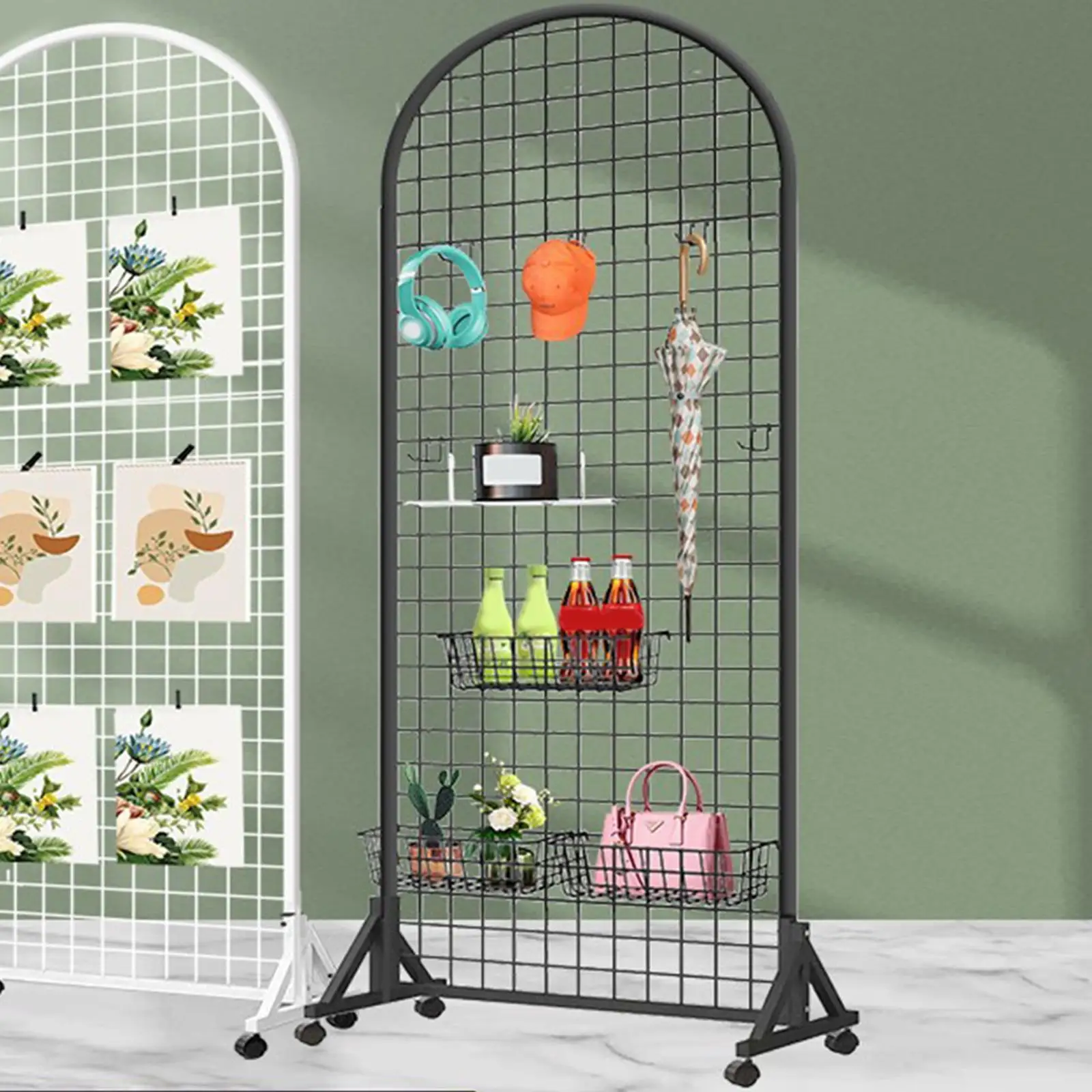 

Grid Display Rack with Wheels Efficient Accessory Floor Stand Movable Metal Grid Wall Panel for Home Decor Art Show Organization