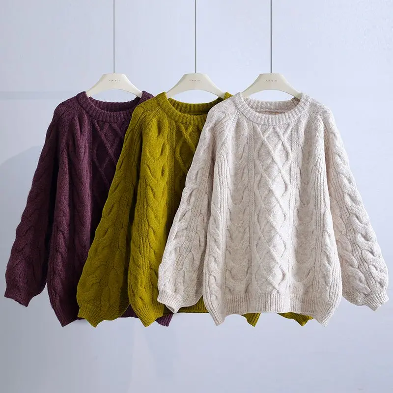 

2023 New Thicken Lantern Sleeves Sweaters Female Retro Casual Loose Warm Sweaters Fashion Knit O-Neck Women Pullover Sweater