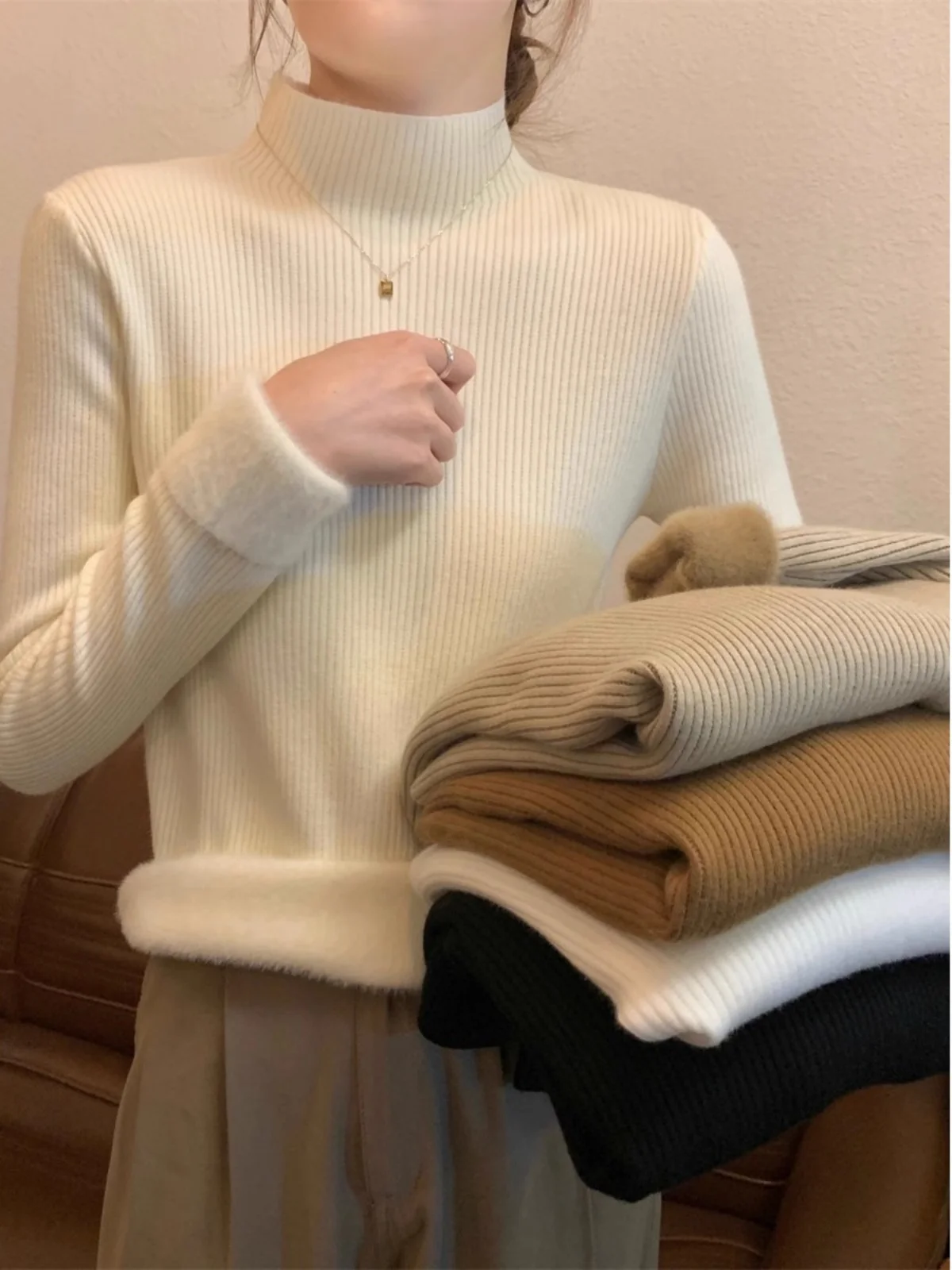 

plus Size Thiened Fce Knitted Sweater Winter Slimming Warm f High Collar Base irt for plus Size Women Slimming Top