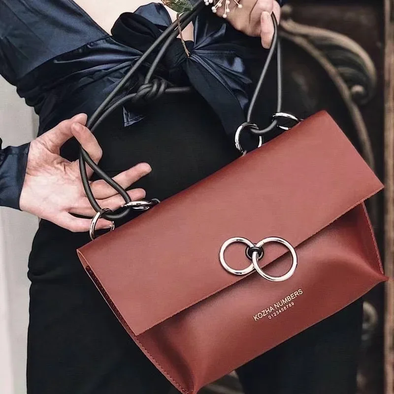حقيبة أرقام KOZHA المتخصصة ذات الكتف الواحد من جلد البقر مع حلقات بسيطة وحقيبة نسائية بسلسلة متقاطعة #6