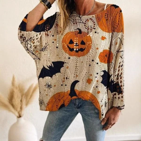 

Halloween Bat Print Long Sleeve Top L 35547 Spooky Print Women's Knitwear Long T-Shirt for Autumn Season