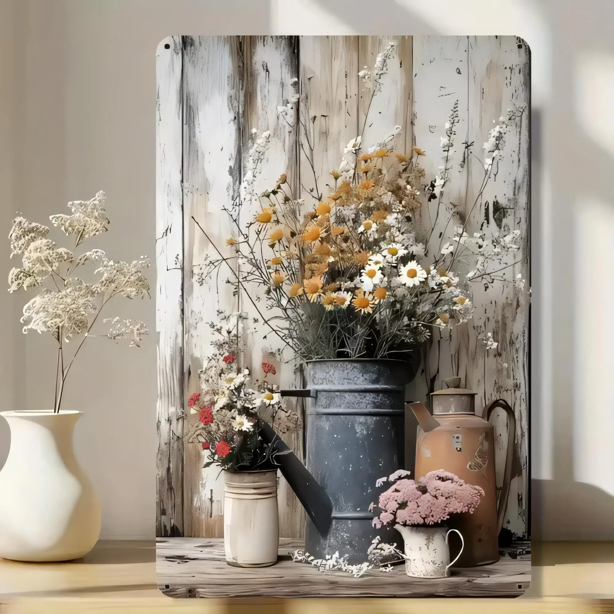 Tin Sign Flower Vase Garden Rustic Wall Decor, Vintage White Grey Botanical Bouquet Metal Sign, Farmhouse Cottage Style Plaque f
