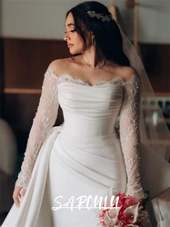 Elegant Satin Mermaid Wedding Dress with Off Shoulder Full Sleeves Long Maxi Plus Size Bride Dresses Customized Bridal Gown