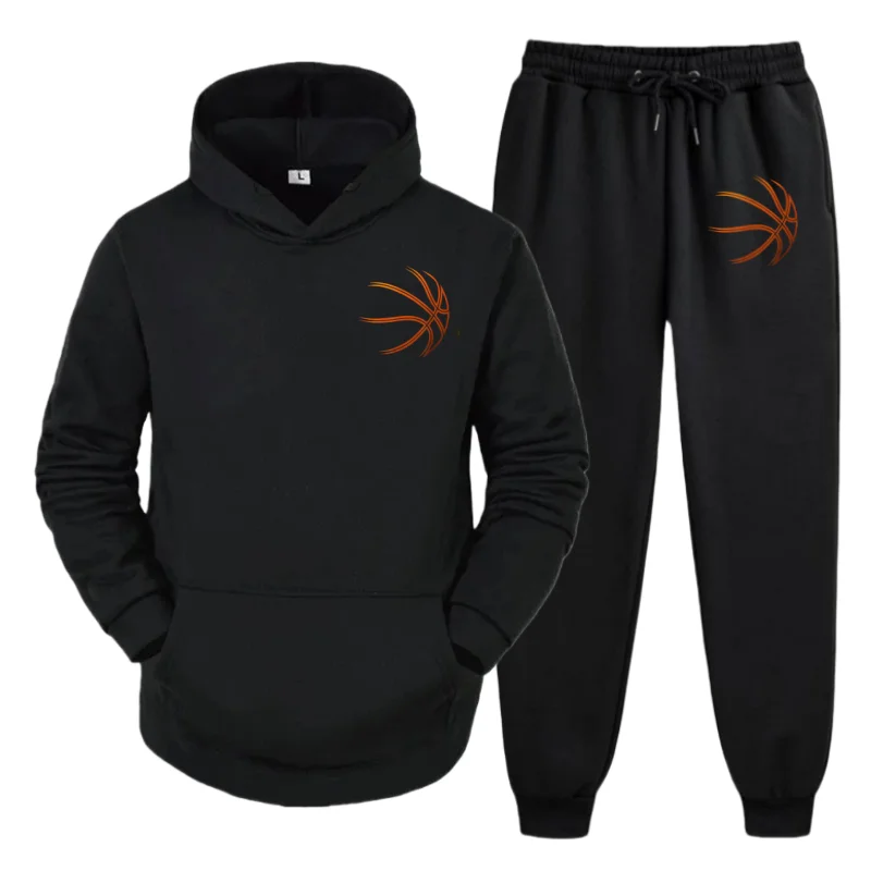 

2025 Fall/Winter Men's Fashion Trend Set – Pullover Hoodie & Trousers with Basketball Print, Casual Fleece 2-Piece Suit