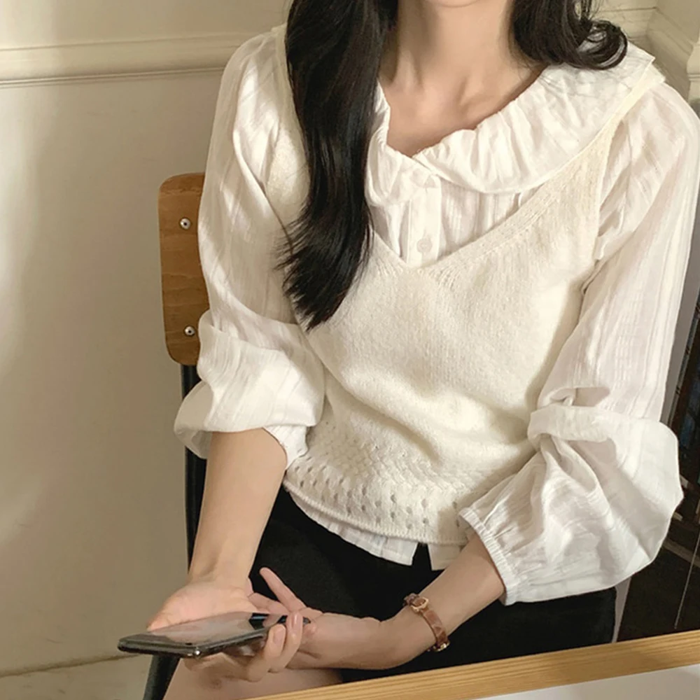 

Chic Korean Style Spring Knitted Hollow out Sleeveless V-Neck Vest White Layering Women's Fashion Thin Long Sleeve Sweater