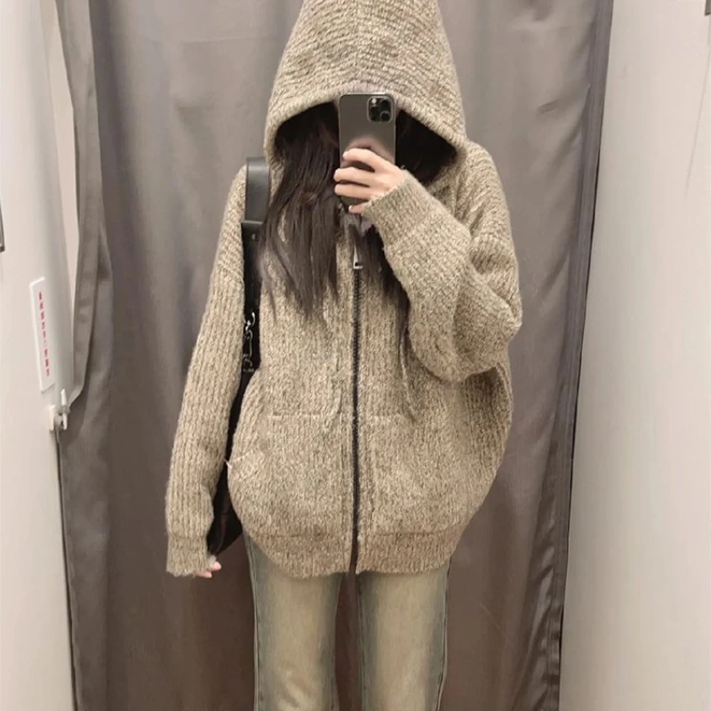 

Deeptown Zipper Hooded Knitted Cardigan Women Harajuku Vintage Knitwear Preppy Style Solid Casual Warm Sweaters Coat Oversize