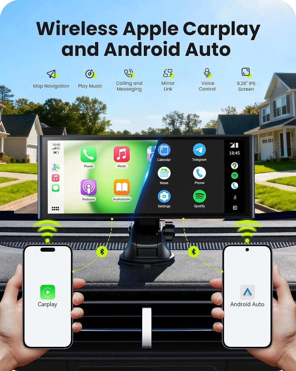 9.26" Wireless CarPlay Screen with Backup Camera, Portable Car Tablet for Apple CarPlay & Android Auto, GPS Navigation, Bluetooth 5.2, Plug & Play view 2