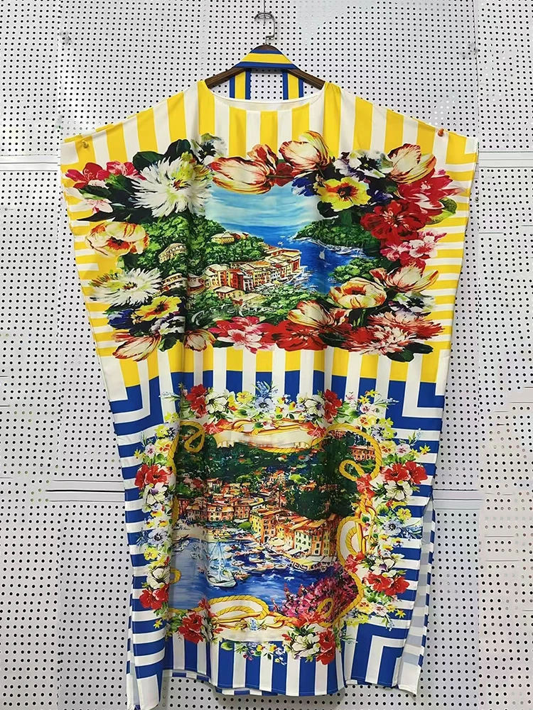 Robe d'été à manches chauve-souris pour femmes, rayée, imprimé paysage, à lacets, taille serrée, avec ourlet ample et jupe fendue, été 2025