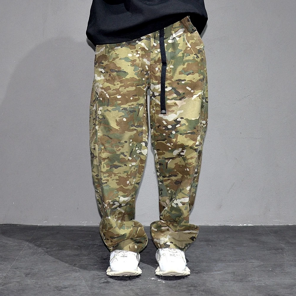 Urban Camo Cargo Pants Men Hiphop Streetwear Loose Fit Adjustable Waistband Cotton Oversized2025 Youth Trendy Tactical Style