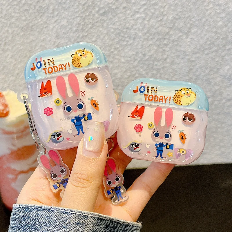 ديزني Zootopia حقيبة سماعة الاذن ل Airpods 1/2 3 4 برو الكرتون بولي TPU سماعة رأس مزودة بتقنية البلوتوث للصدمات الغطاء الواقي مع سلسلة المفاتيح
