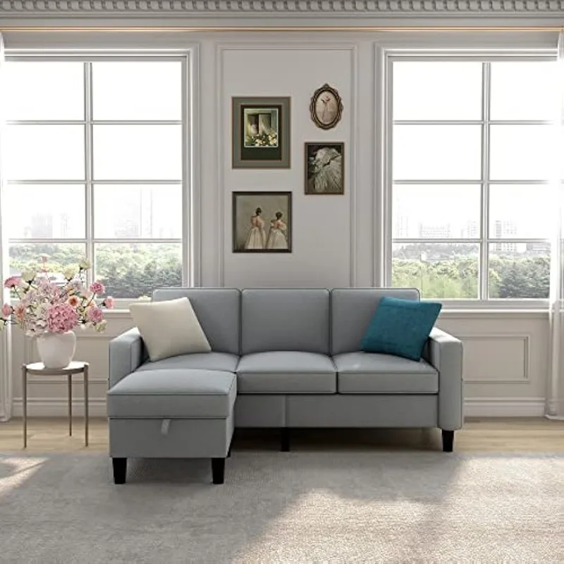 Convertible Combination Sofa with Modern Grey Linen Fabric Upholstered 3-seat L-shaped Sofa Storage Reversible and Pockets