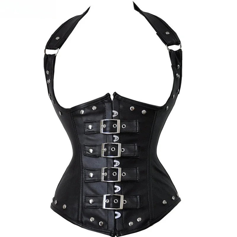 Sexy Leather Busier Steampunk Corset Steel Boned Corselet Overbust Lace Up Women Vest Waist Cincher Corsets Black Plus Size 6XL