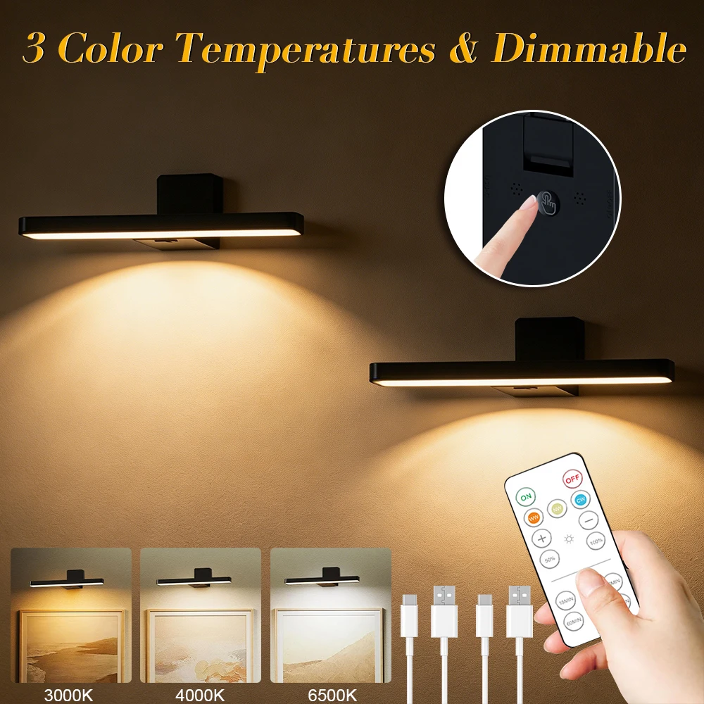 2 Stück Wiederaufladbare LED-Wandleuchte, Flexibel, 3 Farben Einstellbar, Kabellose USB-Bilderleuchte für Innenwände