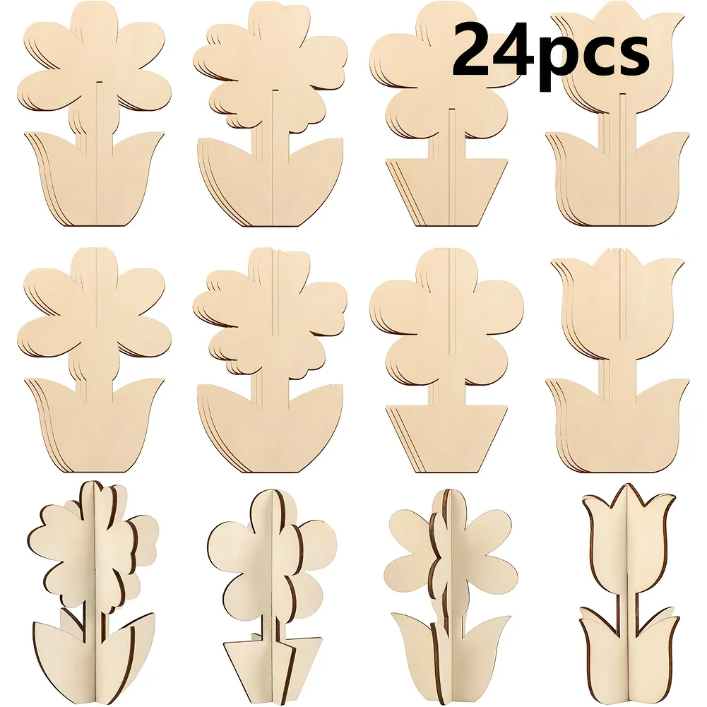 24pcs 4 Styles 3D Flower Spring Wooden Crafts, Suitable for Adult Painting, Paintable Unfinished Wood Pieces for Craft Making, F