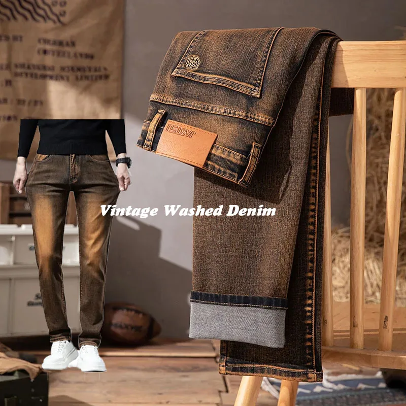 

Men's Autumn Classic Jeans High Quality Elastic Cotton Straight Slim Trousers Vintage Wash Fashion Business Casual Denim Pants