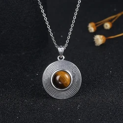 10MM Stone Round Pendant Necklace 925 Sterling Silver High Quality Natural Tiger Eye Rhodochrosite Wedding Gift Luxury Jewelry