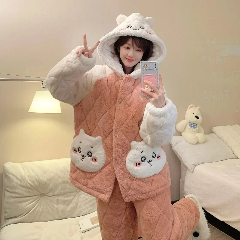 New Chiikawa Usagi Pajama Set Three Layer Quilted Fabric Thick Warm Soft Cozy Cold Resistant Loose Fit Casual Winter Loungewear