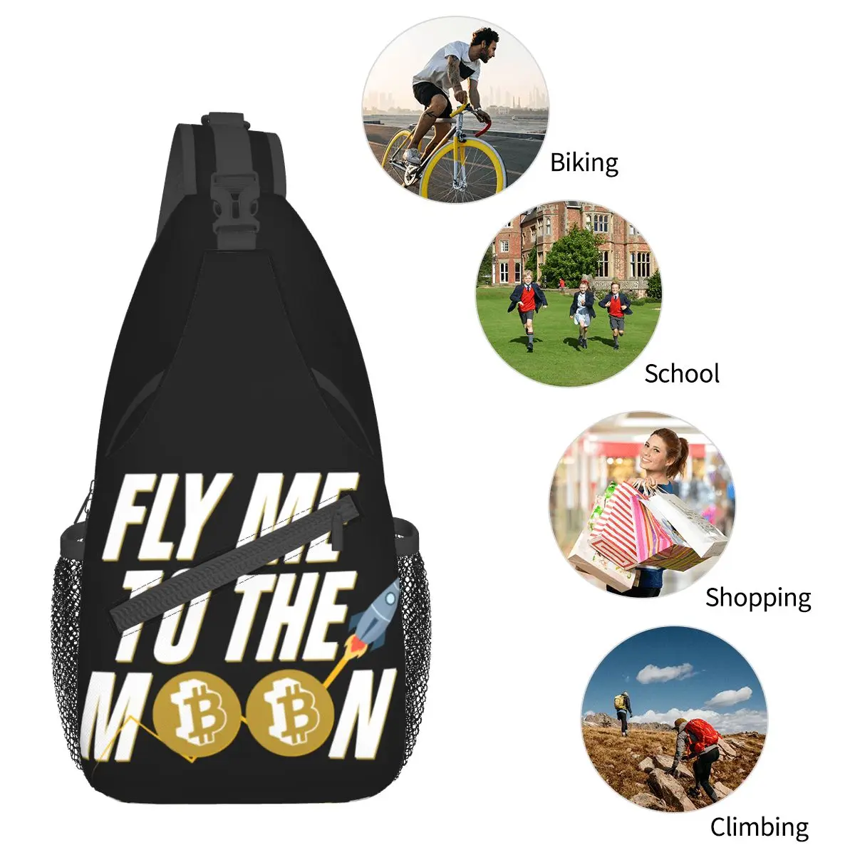 Fly Me To The Moon-bandolera pequeña para el pecho, mochila de hombro cruzada, mochila de viaje para senderismo, bolsos divertidos de moda de Bitcoin