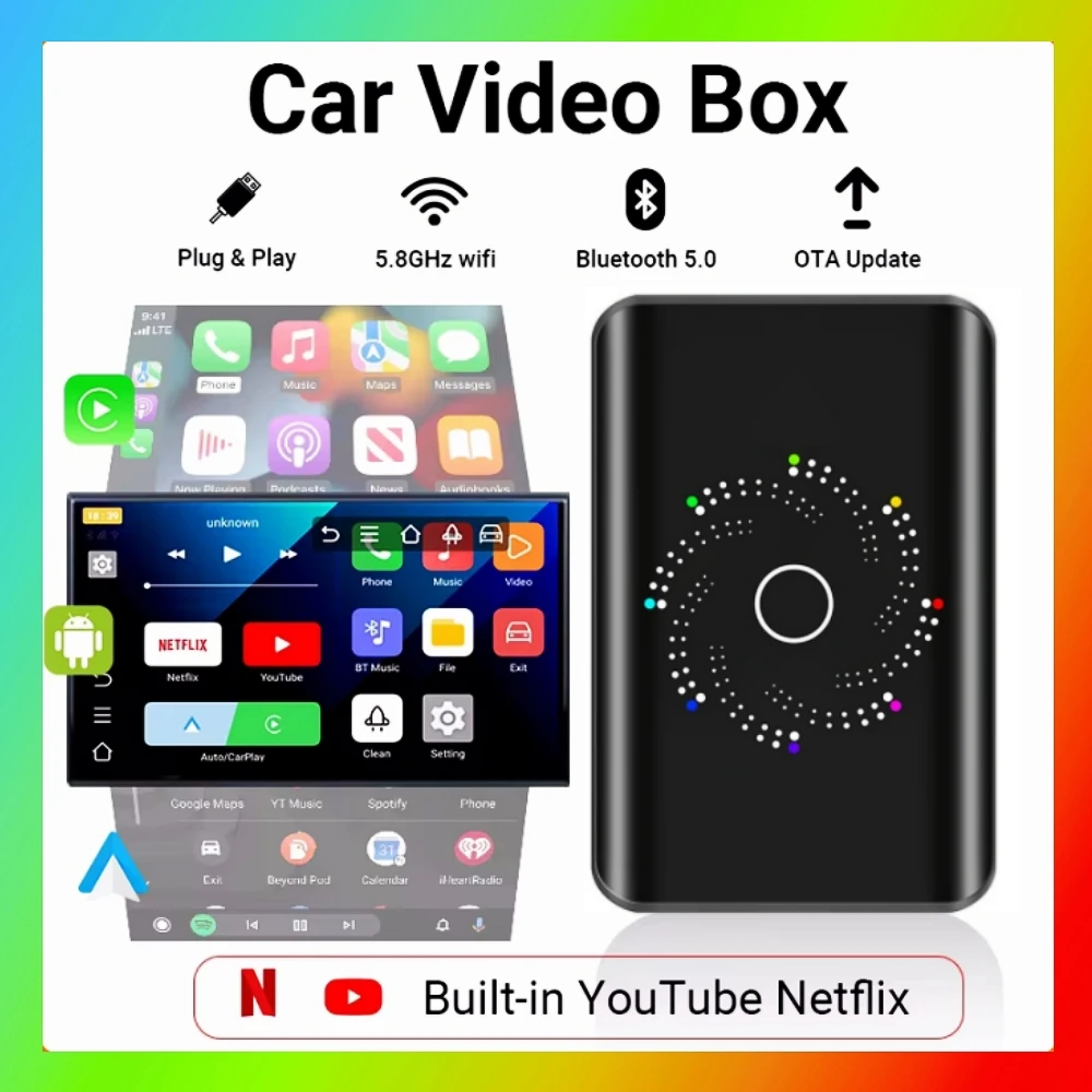 Mini Ai Box 4 Core 2+16GB Android 14.0 Compatible con Netflix YouTube Carplay Inalámbrico Apto para el 99% de los Coches con Carplay con Cable