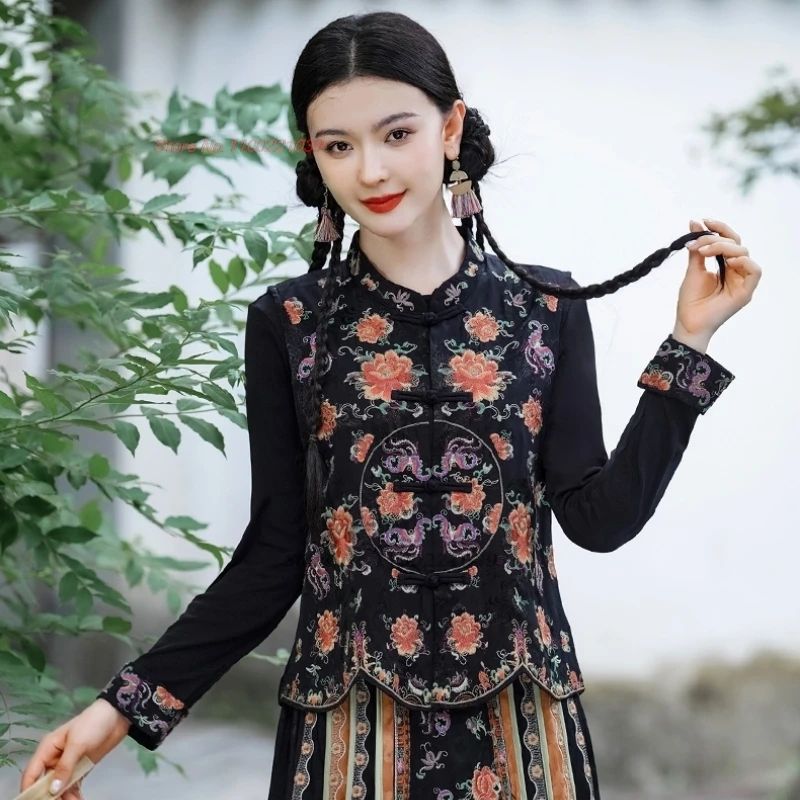 2025 chinese vintage hanfu tops stand collar satin jacquard vest national flower embroidery sleeveless jacket ethnic waistcoat