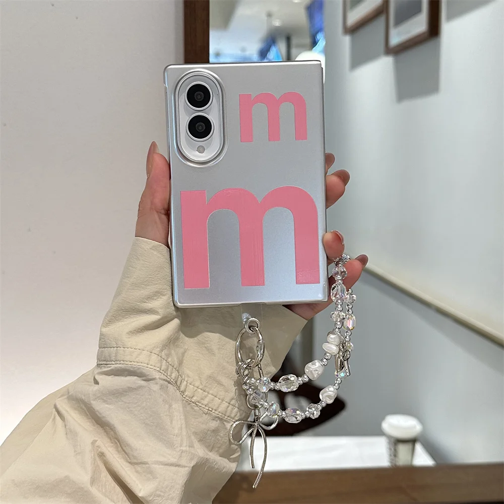 Fashion Pink Letter M Phone Case For Samsung Galaxy Z Fold 8 Ultra Silver Metallic Surface Hinge Protective Cover Charm Women