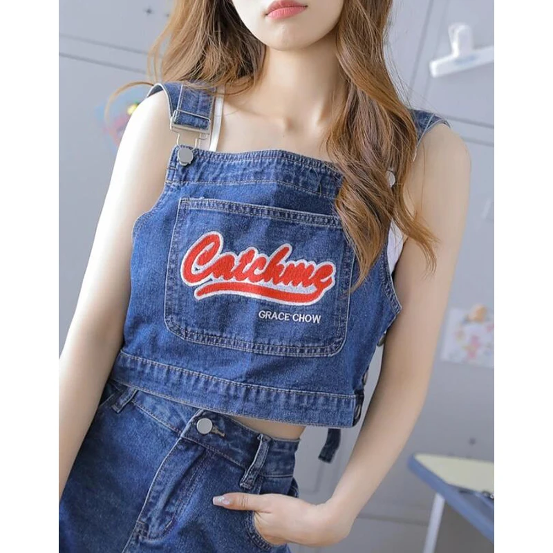 PBAP Letter Flocked Denim Tank Top Vintage Adjustable Straps Graphic Crop Top Big Pocket Sleeveless Vest Casual Women Clothes
