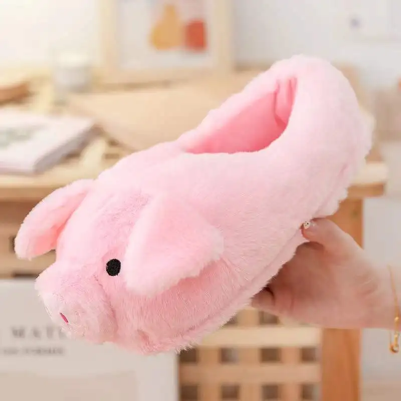 Cute Cartoon Pig Winter Warm Shoes Women Heel Cover Home Floor Slippers Soft Fur Indoor Fluffy House Bedroom Slides For Girls