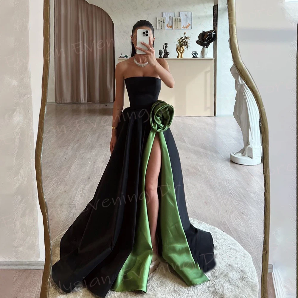 2025 Sexy Black A Line Women\'s Evening Dresses Strapless Sleeveless Customized Prom Gowns Side Split 3D Flower Vestido De Noche