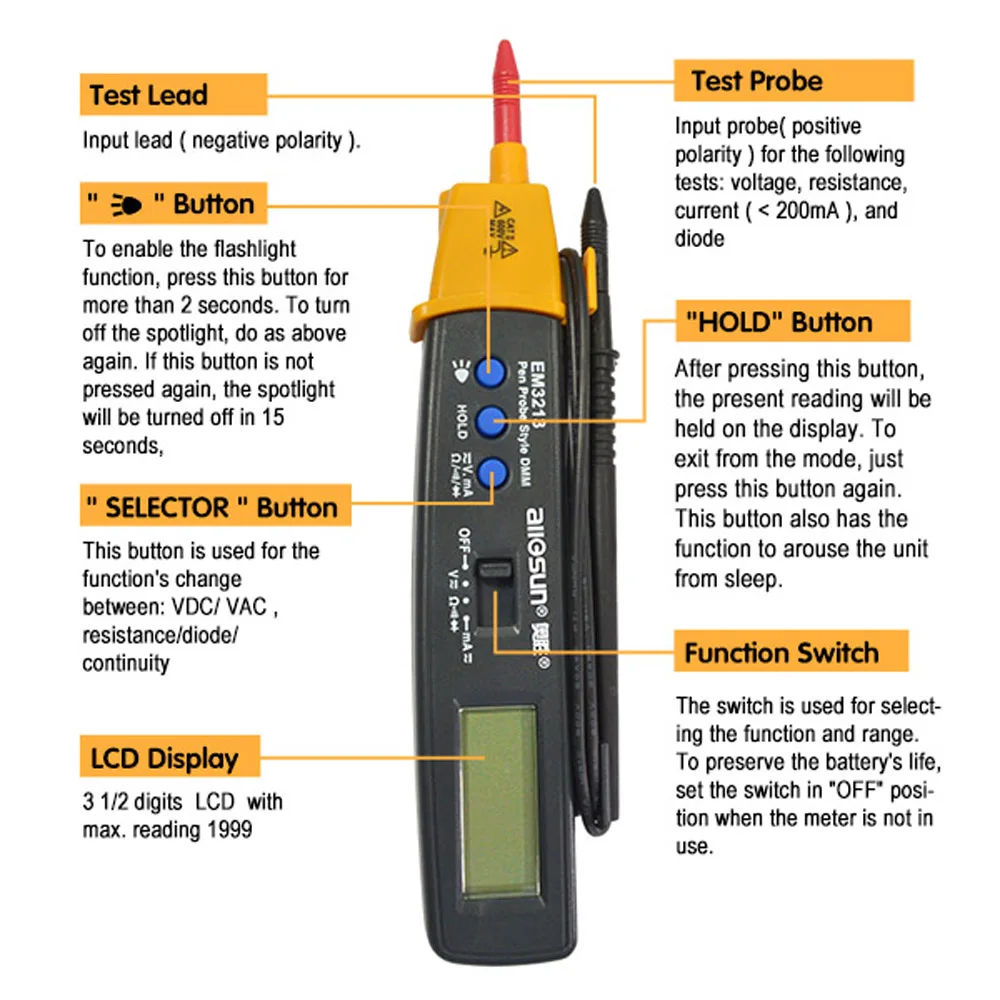 Portable Digital Multimeter Pen Type Volt Ohm Ammeter Auto Range Multi-Function Electric Tester with Flashlight All-sun EM3213